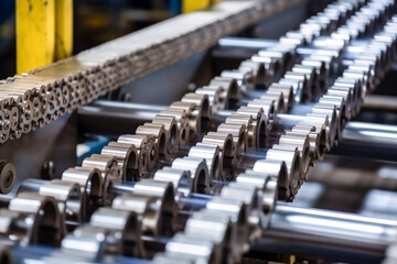 Naklejka na ściany i meble Gear and chain drive shaft in conveyor chain and conveyor belt is on production line. Generative AI