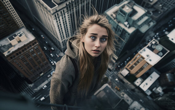Aerial view of a young woman at the top of a building suffering from mental health issues.  Image created with generative ai not a real person or location.  