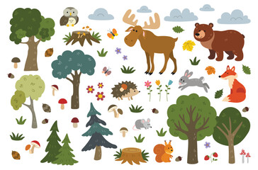 Set of Wild forest animals. Sticker with woodland wild animals, green trees, berries and plants. Bear, fox, mouse, deer, squirrel, owl, hare, hedgehog. Cartoon flat vector collection isolated on white