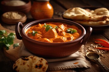 Indian chicken tikka masala with spices on a wooden background. Generative AI - obrazy, fototapety, plakaty