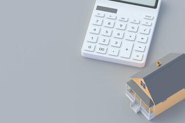 Building near calculator. Residential purchase. Real estate buying concept. Building investment. Top view. Copy space. 3d render