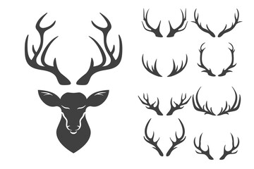 Vector Reindeer Horns, Antlers. Deer Horn Silhouettes. Hand Drawn Deers Horn, Antler Set. Animal Antler Collection. Design Elements of Deer. Wildlife Hunters, Hipster, Christmas and New Year concept