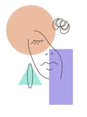 Linear portrait of a girl. Background with geometric elements and colored spots