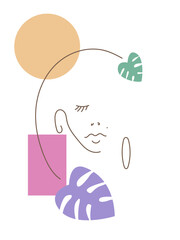Linear portrait of a girl. Background with geometric elements and colored spots