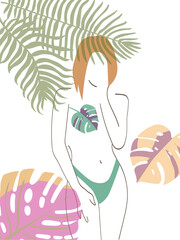 Linear drawing of a girl. Girl on the background of tropical plants. Leaves . palm trees. Summer