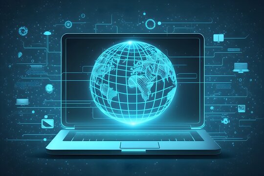 Wallpaper Illustration and background of a laptop, displaying a personal data flow, with network connections. Front view. Concept of LGPD, GDPR, information security, data protection. Generative AI.