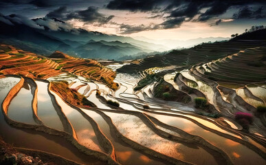Beautiful rice terraces in Asia, drought damage - generative ai - obrazy, fototapety, plakaty