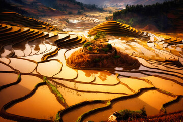 Beautiful rice terraces in Asia, drought damage - generative ai - obrazy, fototapety, plakaty