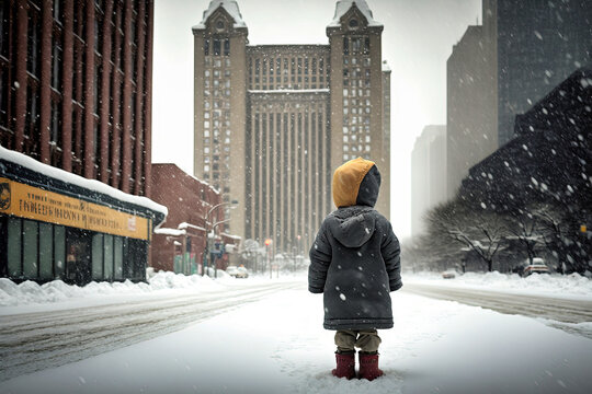A lonely child facing a big American city, winter and snow - generative ai