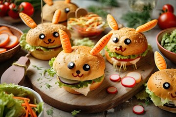 Obraz premium Fresh cooked rabbit burgers that are delectable for an Easter kids' party. Burgers that are imaginatively shaped like bunnies, with amusing bunny ears and muzzles, and have Easter themed copy space