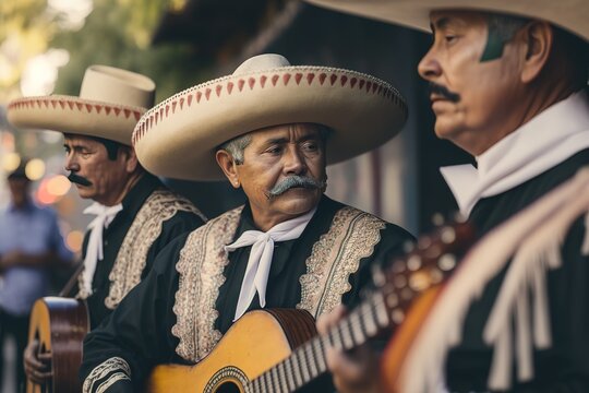 Mariachis musician playing in outdoors. Generative AI