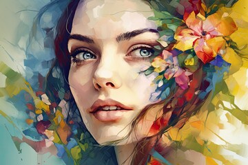 oil painting with abstract color and a person portrait. today's art, A young model is portrayed in a beauty portrait. Fashion illustration painting of a woman's face with a vibrant floral pattern