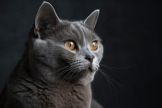 On an unadorned gray background, a lonely gray cat looks upward. Generative AI