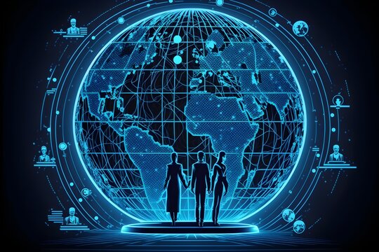 Wallpaper Illustration and background of globe, with people connection. Front view. Concept of people, network, globalization, business. Generative AI.