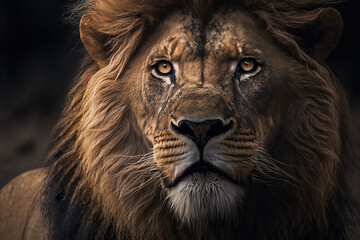 Naklejka premium Generative AI. Portrait of a male lion with dark mane, closeup.