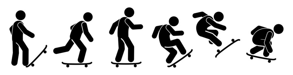 silhouette of a man playing a skateboard. learn skateboard vector illustration icon. skateboarder.skateboarding. pictogram, stickman and stick figure  - obrazy, fototapety, plakaty