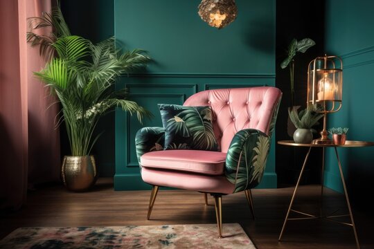 Spacious living room with pink plush armchair, telescope and exotic plants. Generative AI