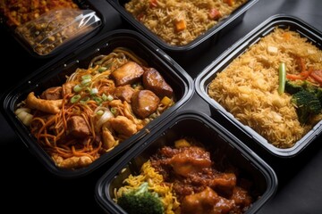 Schezwan noodles, fried rice, chilli chicken, manchurian, and soup are among the items in a group of Indo Chinese meals delivered to homes in plastic packets, containers, or boxes. India's online meal - obrazy, fototapety, plakaty