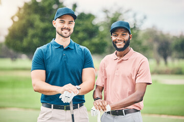Golf, sports and portrait of men with smile on course for game, practice and training for competition. Professional golfer, relax and happy friends ready for exercise, fitness activity and golfing