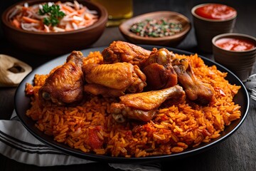 Nigerian food party Close up of a platter of jollof rice and fried chicken wings. above, horizontal top view. Generative AI