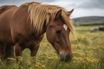 Naklejka na ściany i meble Icelandic Horse in a Field Eating Grass. Generative AI