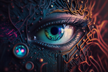 eye emerging out of computer circuitry. Spying, surveillance, unblinking eye, spy, big data
