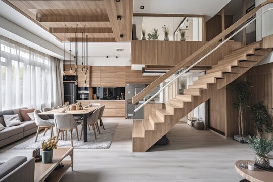 Modern, two floor apartment with stylish living room with dining table, open to kitchen and stairs to next floor. Generative AI
