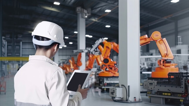 Engineer in a modern factory. Industry 4.0 machine maintenance. generative AI