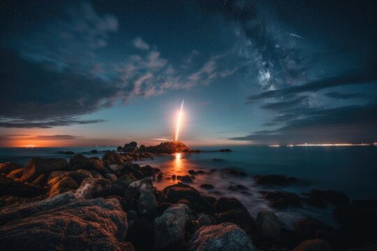 Launch of a rocket at night with a long exposure while the sun is setting magnificently on Earth This image's components were provided by NASA. Generative AI