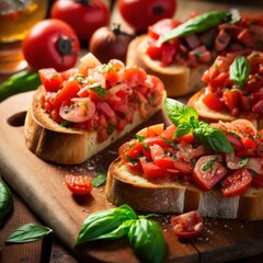 Fototapeta na wymiar Easy Appetizers: Impress Your Guests with Homemade Bruschetta Topped with Tomatoes and Basil, GENERATIVE AI