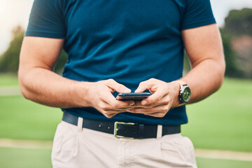 Man, hands and phone texting in communication on golf course for sports, social media or networking...
