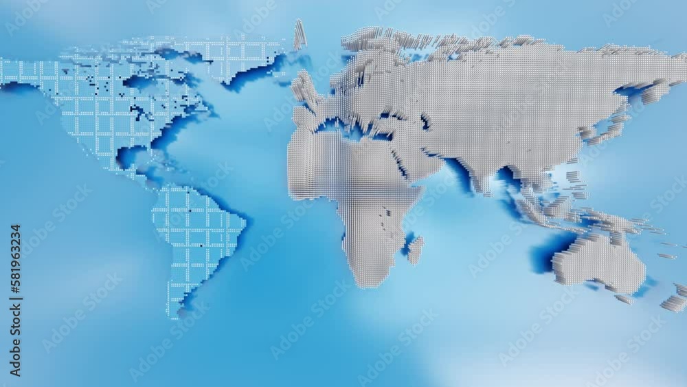Poster world map mockup and white bars lined up from right to left in ripples animation on blue reflective 