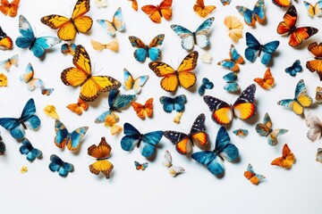 Fototapeta premium Photo of decorative butterflies pattern isolated on white background with copy space. Fresh spring summer beautiful season flat lay and top view, freedom vivid happiness concept banner. Generative AI