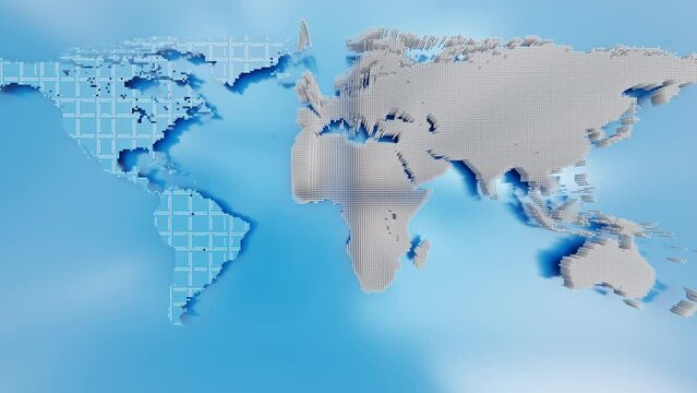 World map mockup and White bars lined up from right to left in ripples animation on blue reflective background. conceptual design in minimal idea concept. 3D Render.