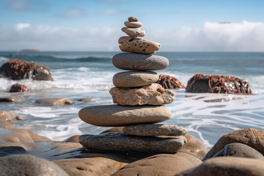 idea of balance and harmony. Set stones in opposition to the ocean. Scales formed from rock zen. Generative AI
