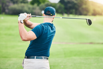 Golf stroke, sport swing and golfer outdoor for game, fitness and exercise on grass. Athlete back, training and man at a sports club for cardio and workout on a green course with focus and action