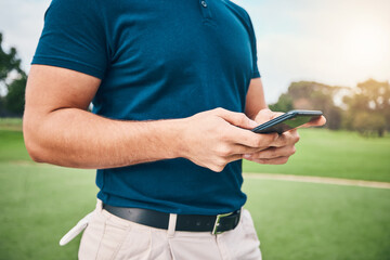 Man, hands and phone in communication on golf course for sports, social media or networking...