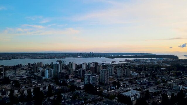 North Vancouver aerial video looking to downtown Vancouver, BC Canada