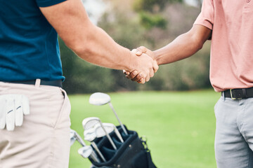 People, handshake and golf sport for partnership, trust or unity in community, collaboration or teamwork on grass field. Team of sporty players shaking hands on golfing course for club, game or match