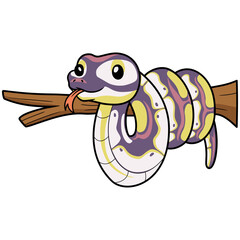 Cute banana pastel ball python cartoon on tree branch