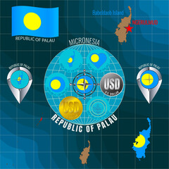Fototapeta premium Set of vector illustrations of flag, outline map, icons of REPUBLIC OF PALAU. Travel concept. 