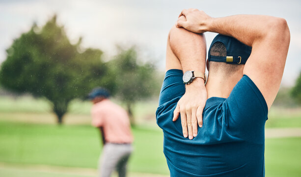 Golf, sports and man stretching arms on course for game, practice and training for competition. Professional golfer, fitness and back of male athlete warm up to exercise, activity and outdoor golfing