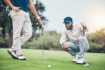 Planning, sports and golf with black man on field for training, competition match and thinking. Games, challenge and tournament with athlete playing on course for exercise, precision and confidence - Powered by Adobe