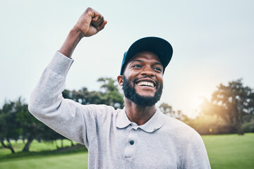 Fototapeta Sports man, golf and celebrate win outdoor on field or course with pride and smile on face. Black male player or golfer with hand for celebration of success, victory or winning with par at club obraz