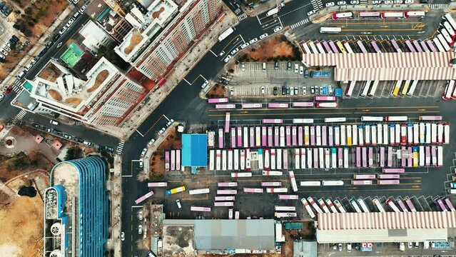 Drone View of Seoul city in South Korea, bus terminal