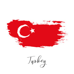 Turkey vector watercolor national country flag icon. Hand drawn illustration with dry brush stains, strokes, spots isolated on gray background. Painted grunge style texture for posters, banner design - 581964637