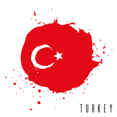 Turkey vector watercolor national country flag icon. Hand drawn illustration with dry brush stains, strokes, spots isolated on gray background. Painted grunge style texture for posters, banner design - 581964640