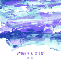 Violet, indigo, purple, turquoise, navy blue watercolor texture hand paint on white background. Ink dry brush strokes, stains, spots, splashes. Oil marble vector backdrop on canvas. Fluid art