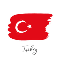Turkey vector watercolor national country flag icon. Hand drawn illustration with dry brush stains, strokes, spots isolated on gray background. Painted grunge style texture for posters, banner design - 581964661