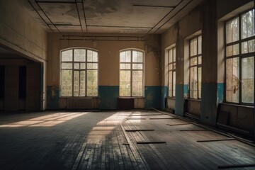 interior of old abandoned Gym for ballet training. An old abandoned ballet studio, an impostor class. abandoned gym of Soviet building of times interior of an old abandoned building. Ballet room